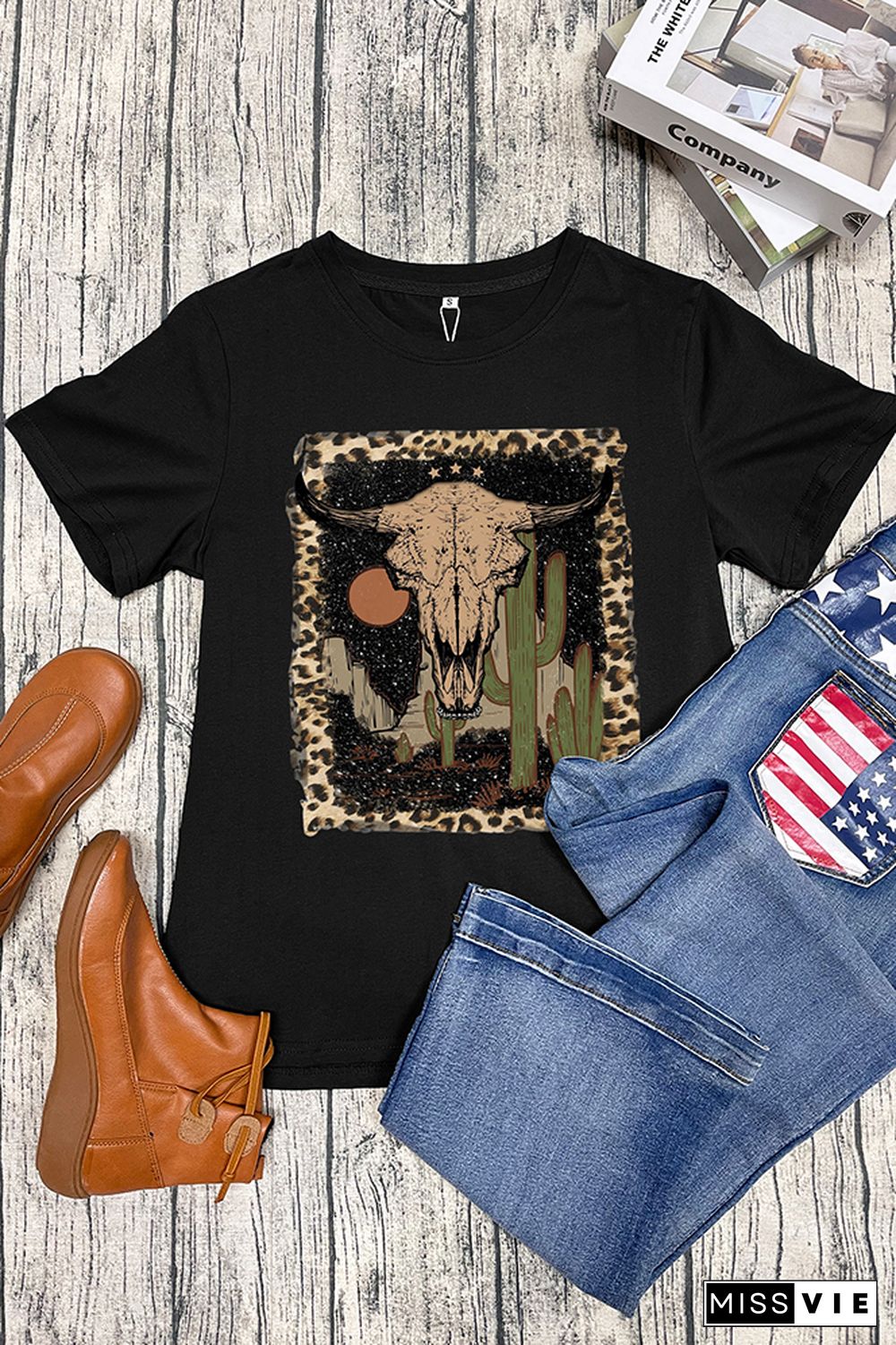 Leopard Bull Skull Western Graphic Tee Wholesale