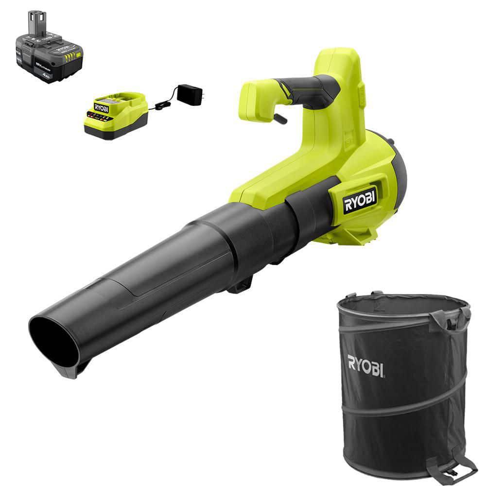 RYOBI ONE 18V 100 MPH 325 CFM Cordless Battery Variable Speed Fan Leaf Blower wLawn and Leaf Bag 40 Ah Battery and Charger