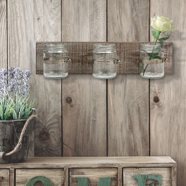 X 3 7 quot Rustic Wooden Wall Decor With 3 Glass Jars Worn White brown Stonebriar Collection