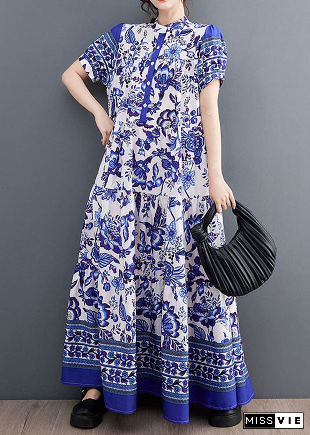 Bohemian Blue Print Stand Collar Chiffon Long Dress Lantern Sleeve