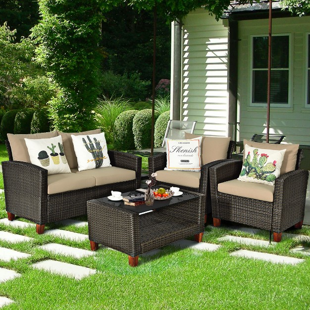 Costway 4pcs Patio Rattan Furniture Set Solid Wood Leg Cushioned Sofa Garden Lawn