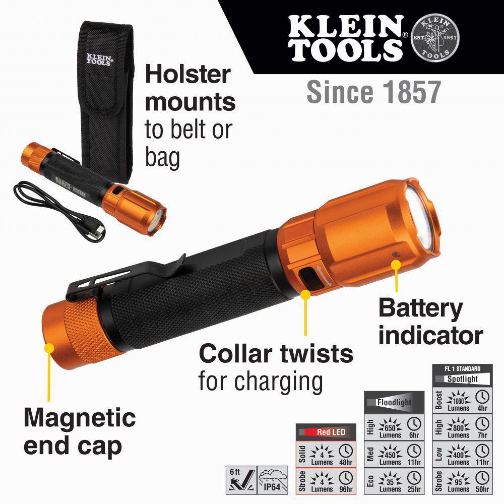 Klein Tools Rechargeable 2-Color LED Flashlight with Holster 1000 Lumens 8 Settings 56413