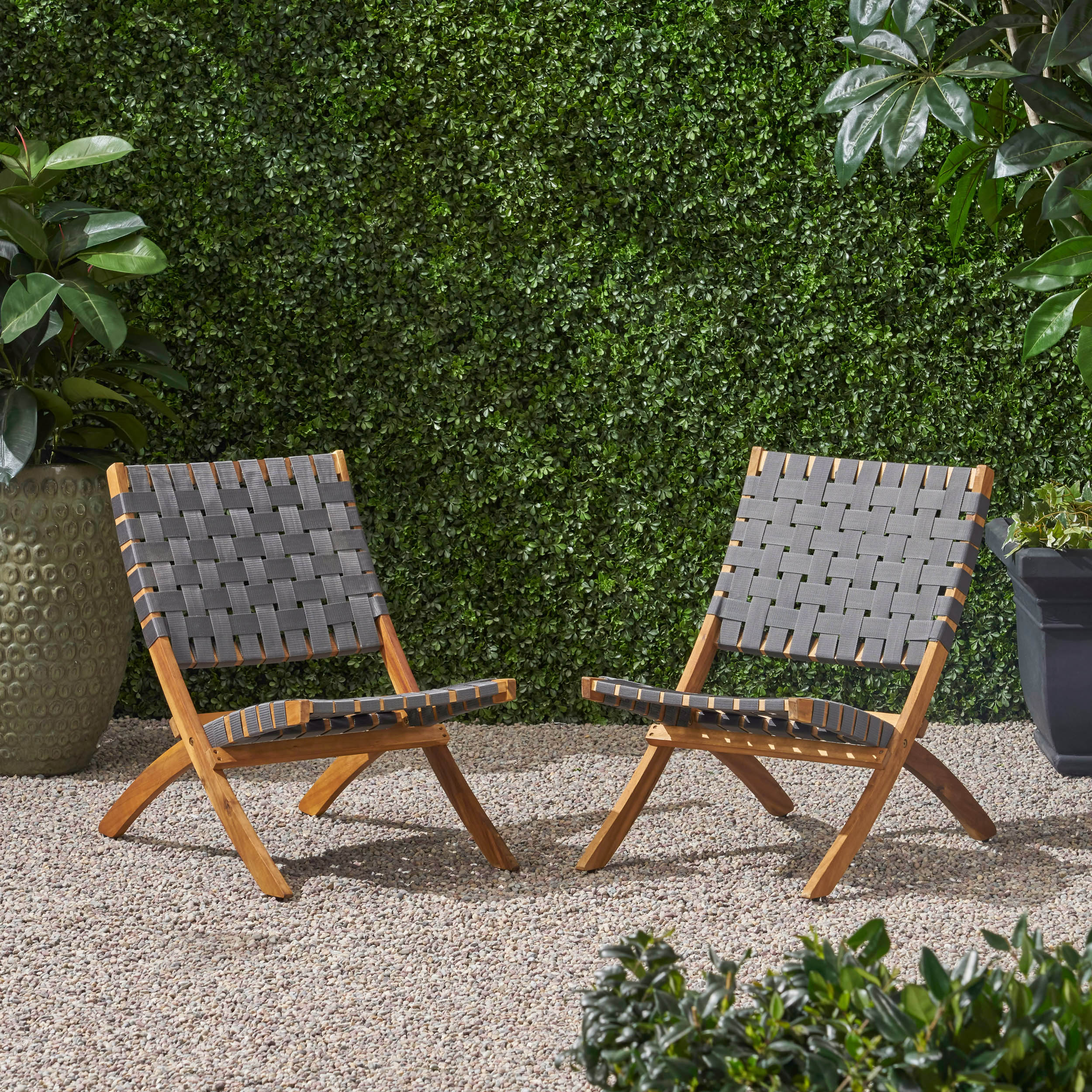 Riley Outdoor Acacia Wood Foldable Chairs (Set of 2), Brown Patina and Gray Straps