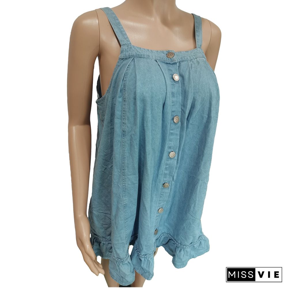 Solid Color Sling Button Pocket Loose Washed Denim Dress