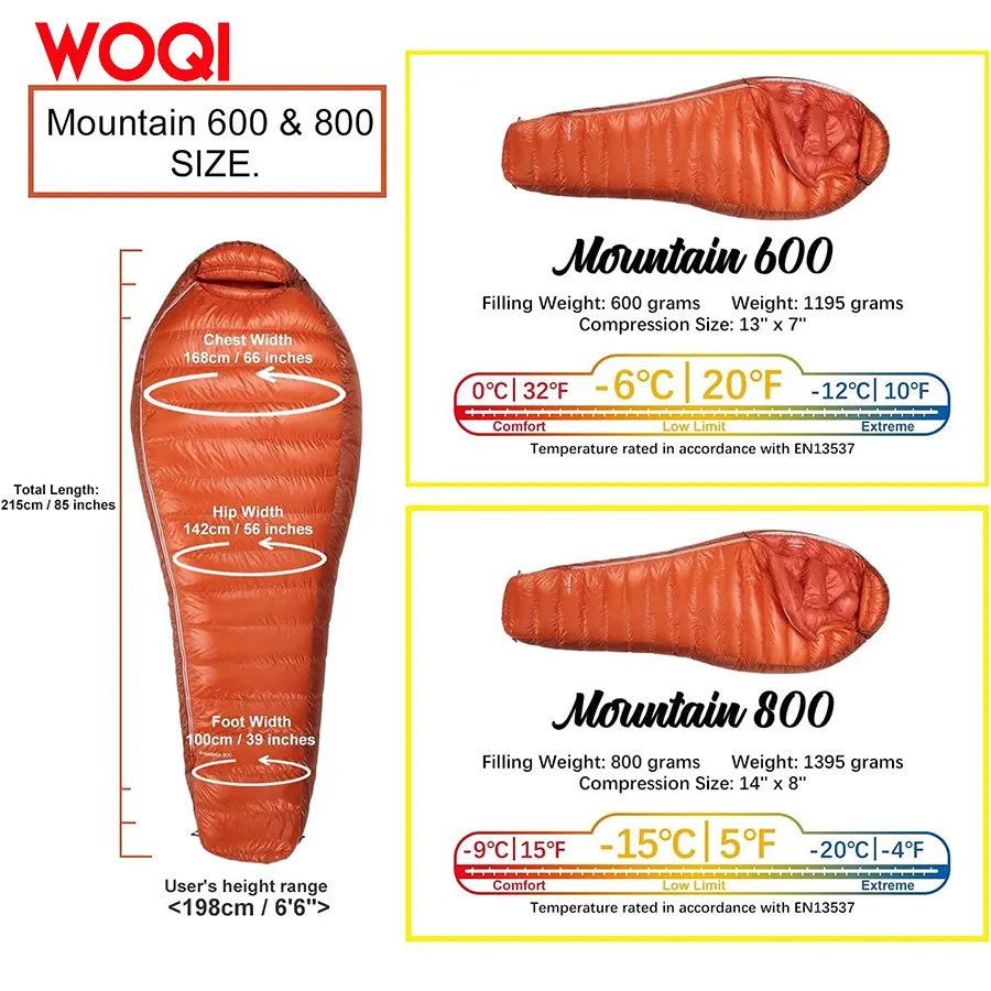 WOQI ultra light and compact portable hiking camping sleeping bag  filled with 800g high quality down sleeping bag