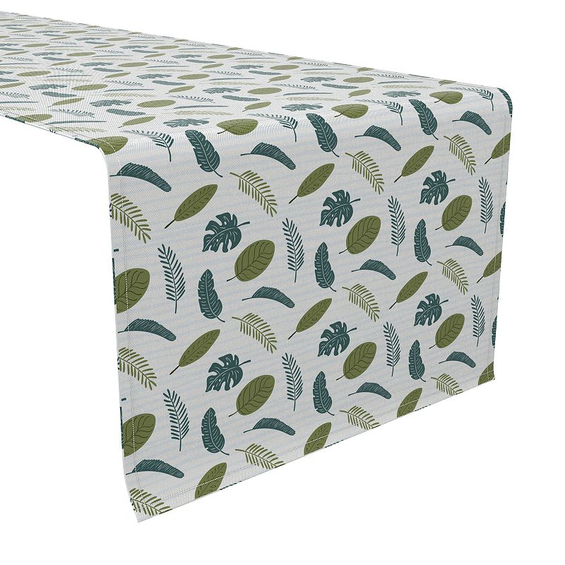 Table Runner， 100% Cotton， 16x90， Tropical Leaves on Stripes