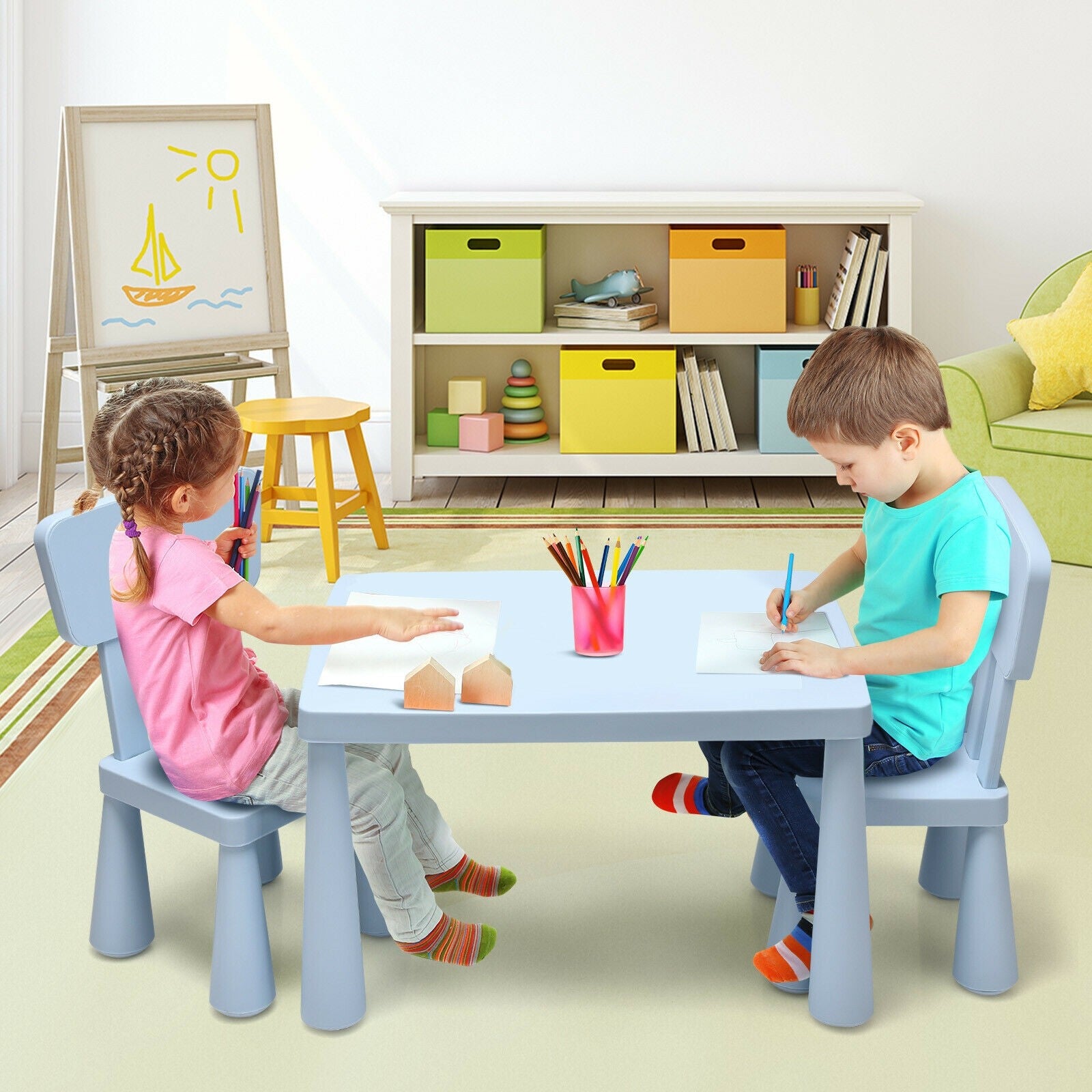 Costzon Kids Table and Chair Set, 3-Piece Set Toddler Furniture for Reading, Drawing