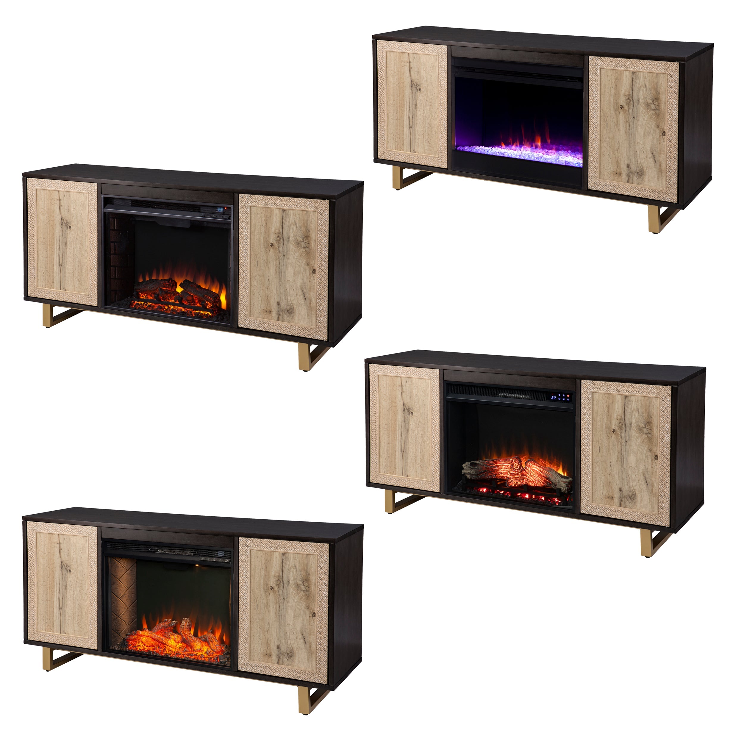 SEI Furniture Wilcola Freestanding Transitional Color Changing Electric Fireplace W/ Media Storage in Dark Brown, Natural, and Gold Finish