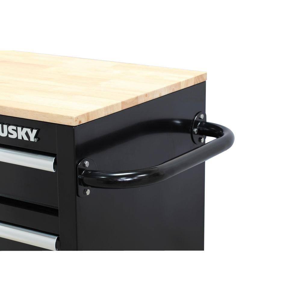 Husky 66 in. W x 24 in. D Standard Duty 12-Drawer Mobile Workbench Tool Chest with Solid Wood Top in Gloss Black 76812A24