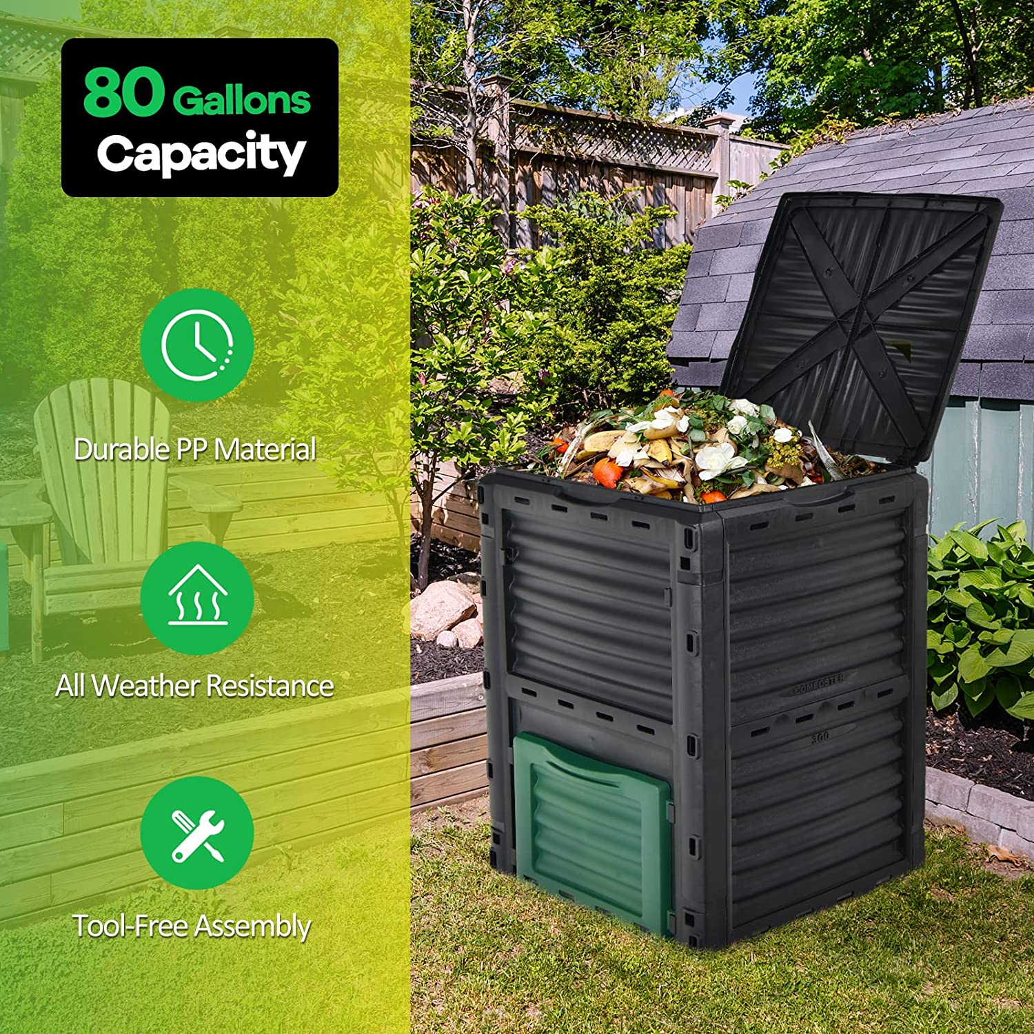 Goplus Compost Bin, 80 Gallon (300 L) Large Outdoor Composting Box w/Top Flip Latch-on Lid, Bottom Exit Door, BPA Free Material, Grass Food Trash Composter Barrel for Garden Yard, Easy Assembly