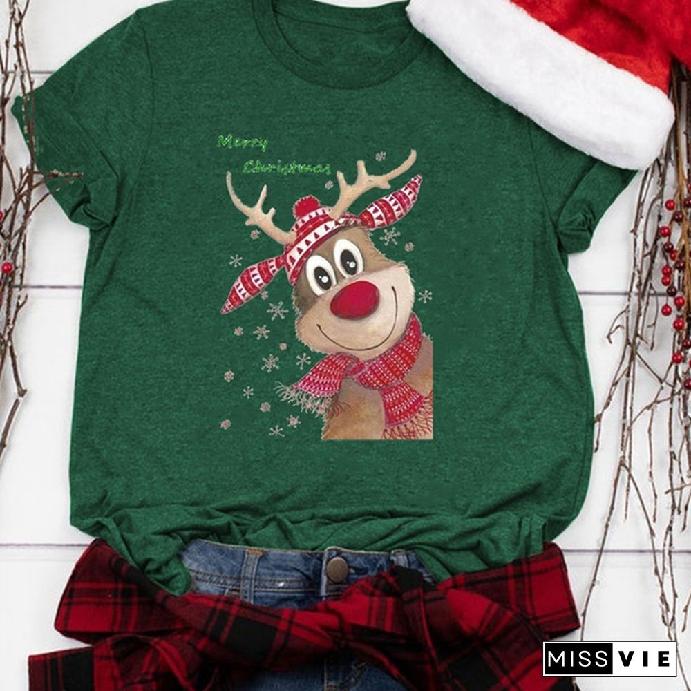 Christmas Women's Fashion Short Sleeve Casual O-neck Deer Ans Merry Christmas Printing Cotton T-shirt Tops