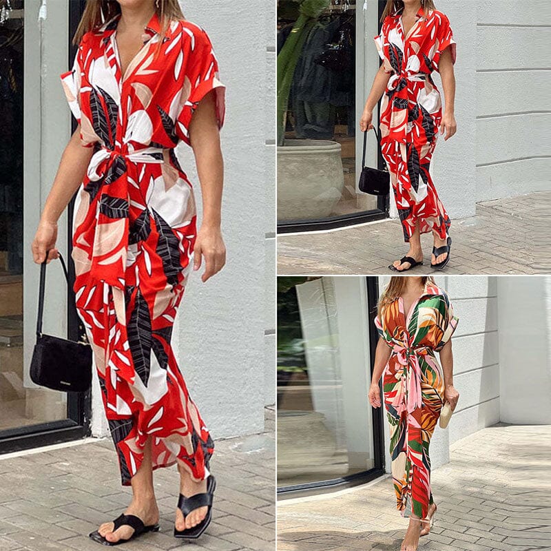 Lapel Tie Leaf Print Dress