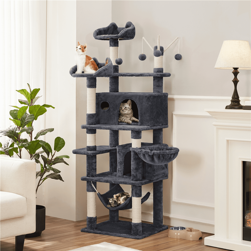 SMILE MART 67" H Multi-Level Cat Tree Tower with 2 Cat Condos & Hammock Basket, Dark Gray