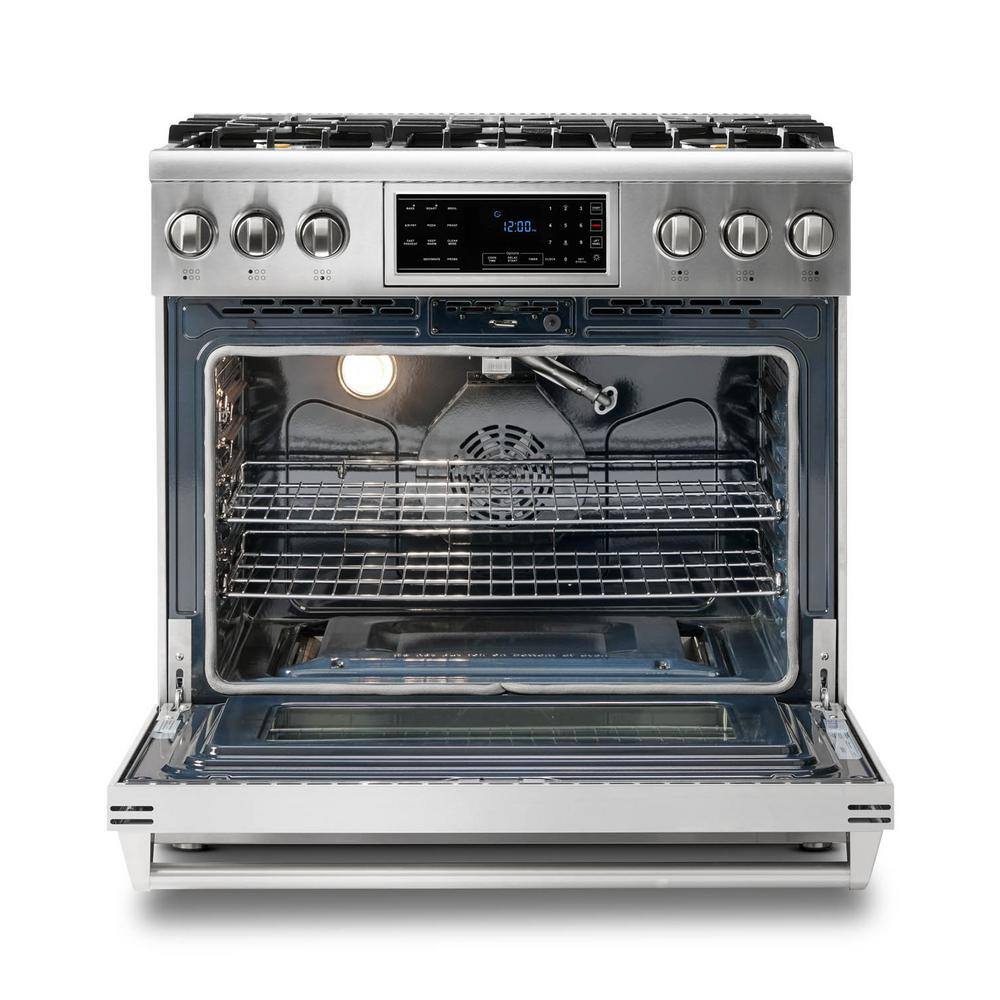 Thor Kitchen Tilt Panel 36-in 6 Burners Freestanding Gas Range with self-cleaning and air fry convection oven in. Stainless Steel TRG3601