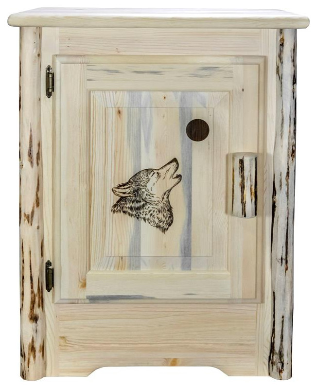 Montana Woodworks Wood Accent Cabinet with Engraved Wolf in Natural   Rustic   Accent Chests And Cabinets   by Homesquare  Houzz