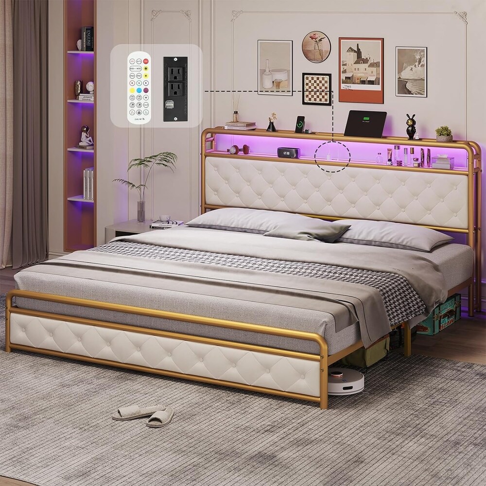 King Size Bed Frame with Built in LED Light Headboard