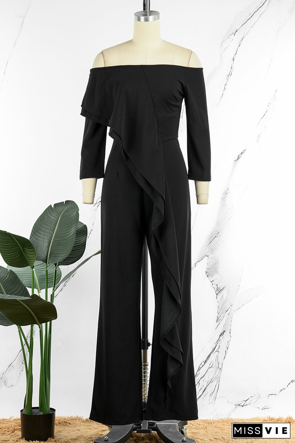 Black Casual Solid Patchwork Flounce Off the Shoulder Straight Jumpsuits