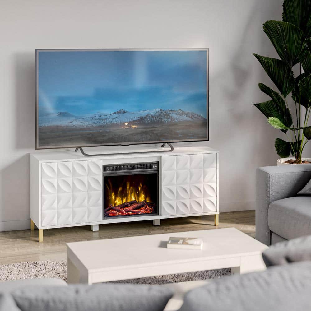 Twin Star Home 57 in Freestanding Wooden Electric Fireplace TV Stand in White