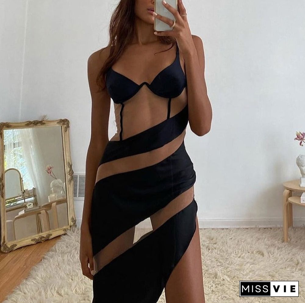 Women Sexy Mesh Patchwork Y2K Bodycon Dress Sleeveless Hollow Out Split Fitness v-Neck Party Clubwear Camisole Vestido