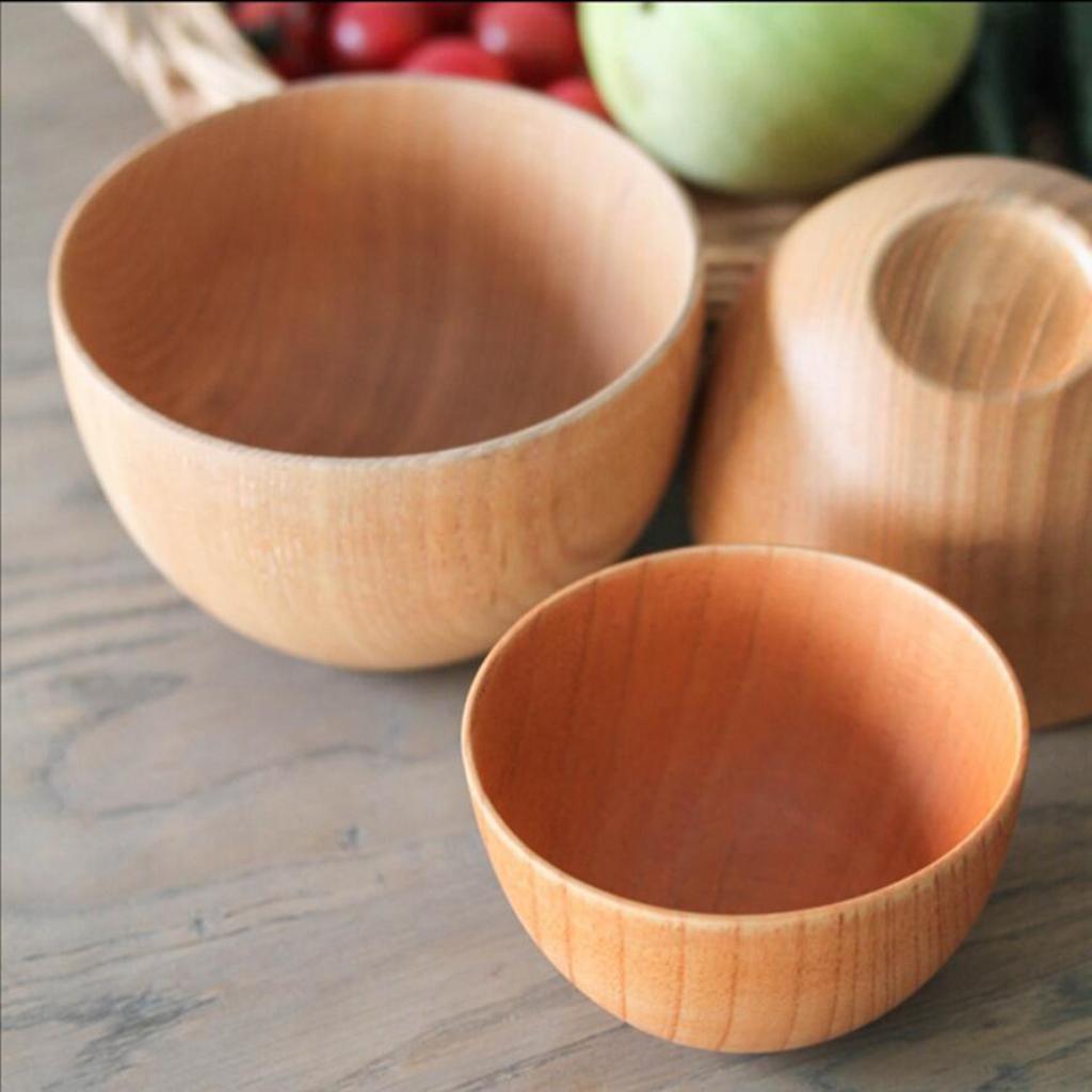 2x Wooden Cereal Soup Bowl Wooden Kitchen Utensils for Outdoor Picnic， Hiking， Camping