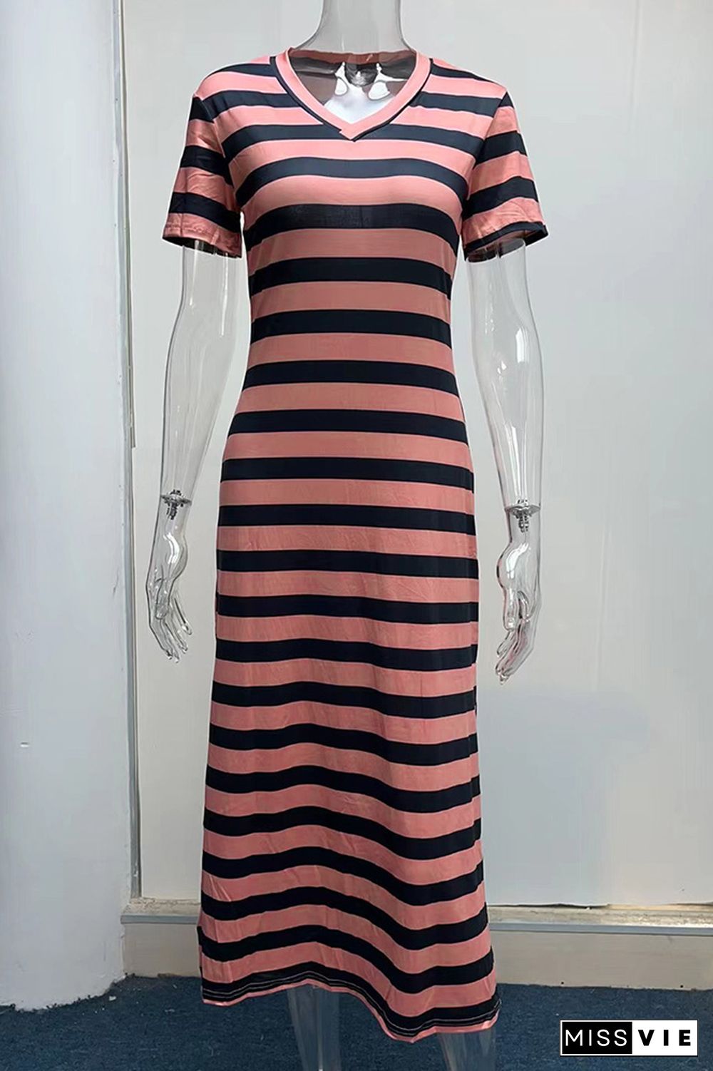 V Neck Split Stripes Dress