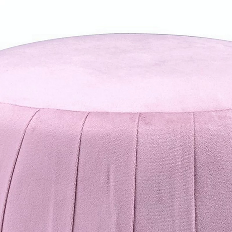 Fabric Upholstered Round Pleated Ottoman with Metal Base， Pink and Gold