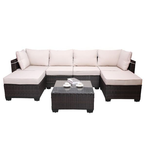 7Piece Rattan Sectional Sofa Set with Cushions and Table