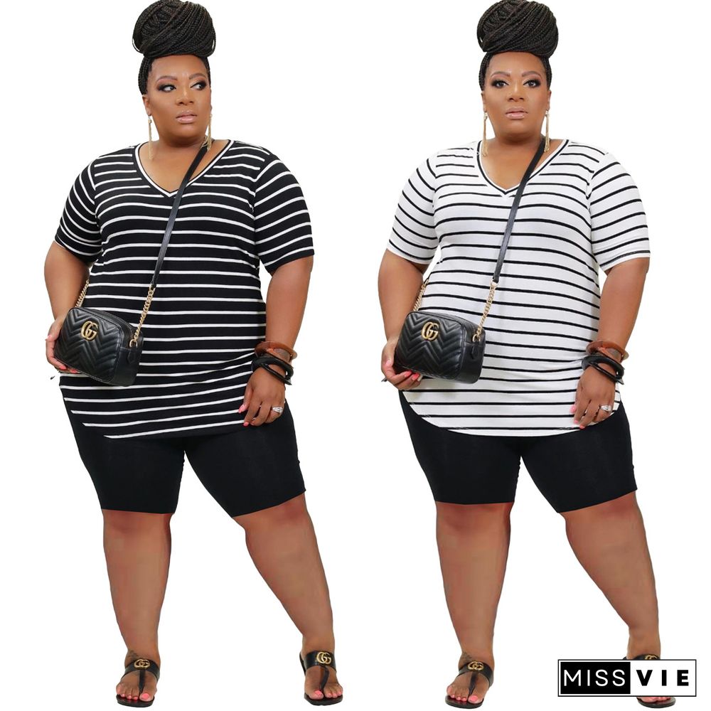 Plus Size Clothing Striped Short Sleeve V Neck T Shirt Bodycon Shorts Women Summer 2 Piece Set