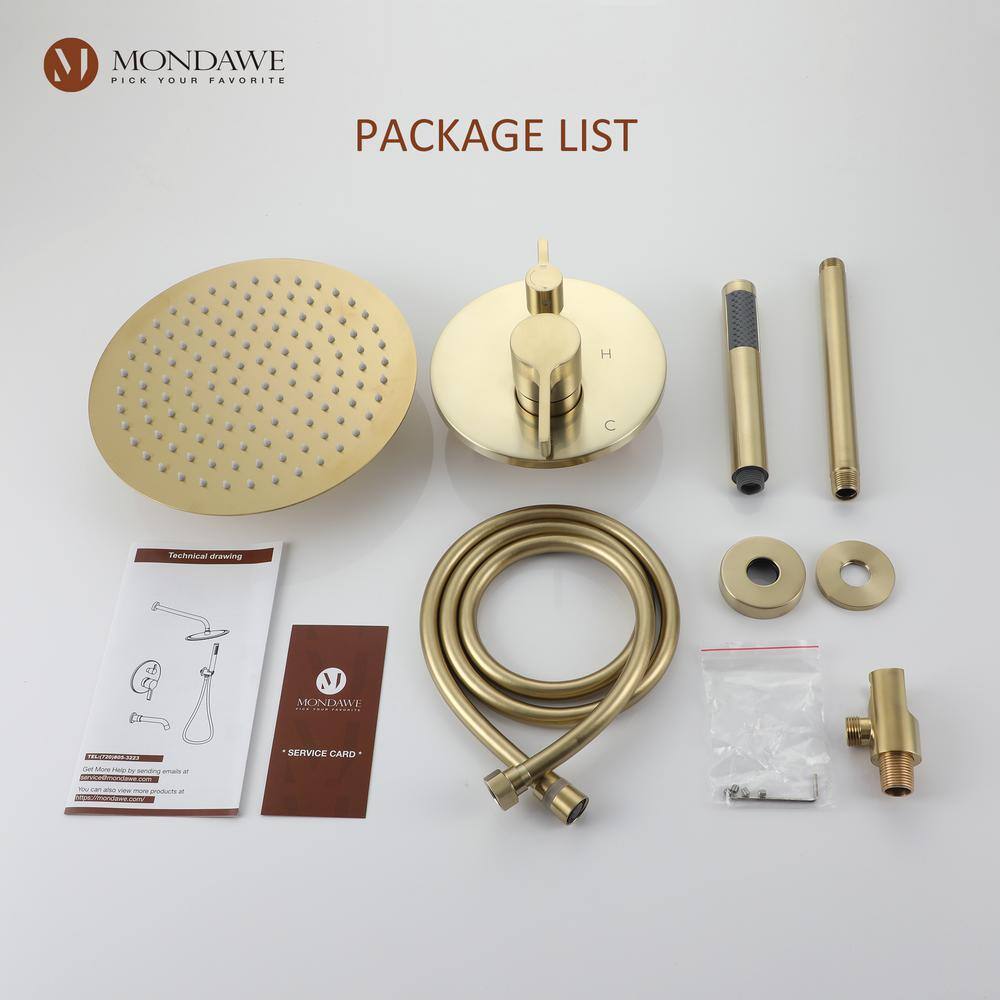 Mondawe Round 1-Spray Patterns Balance Valve Shower Faucets Set with 2.5 GPM 10 in. Ceiling Mount Dual Shower Heads in PVD Gold AM-S133AC-10BG