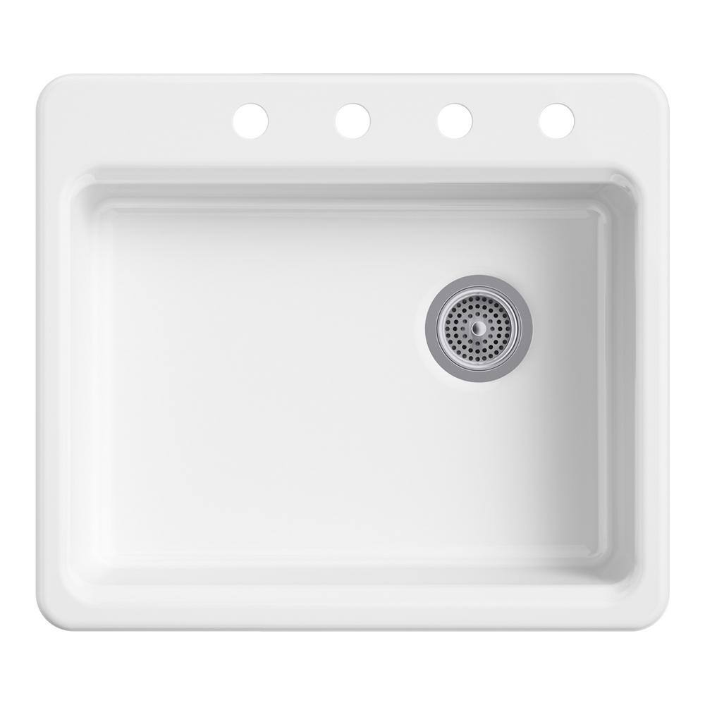 KOHLER Riverby Drop-In Cast Iron 25 in. 4-Hole Single Basin Kitchen Sink in White K-5479-4-0