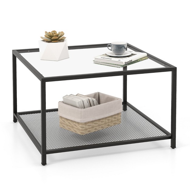 Costway Glass Coffee Table 27 5 Inch 2 tier Square With Mesh Shelf Living Room Grey transparent