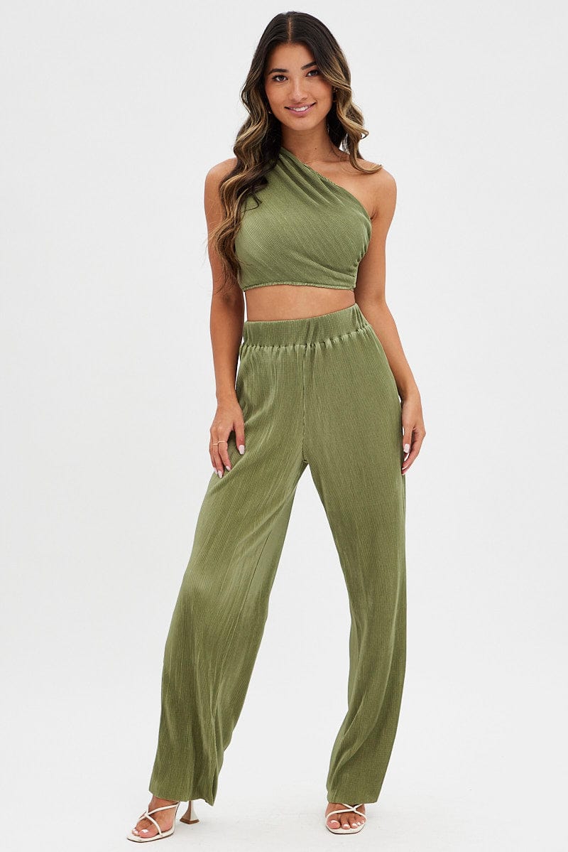 Green Plisse Pants Wide Leg