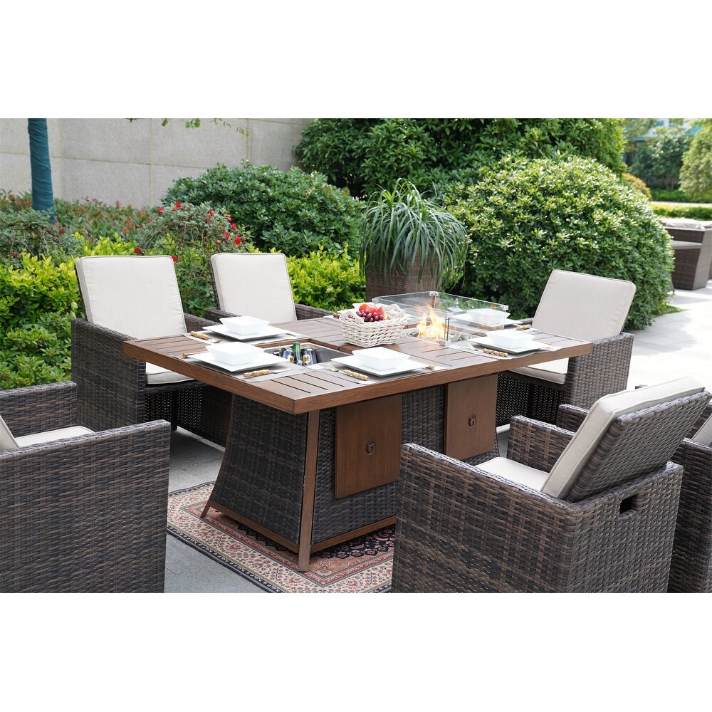 Brown Garden Patio Rectangular Dining Set With Gas Firepit And Ice Bucket and Ottomans