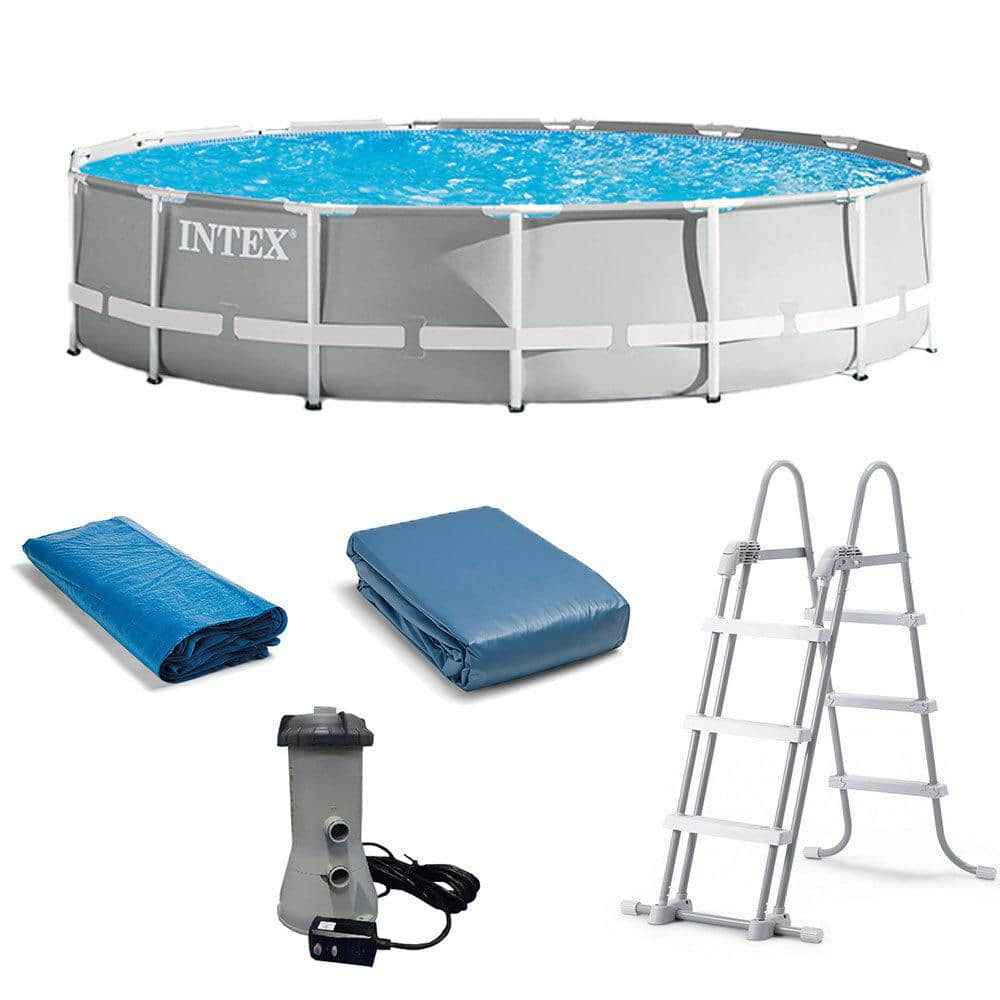 Intex 15 ft. W x 42 in. H x 42 in. D Prism Frame Above Ground Swimming Pool Set with Debris Cover 26723EH + 28032E