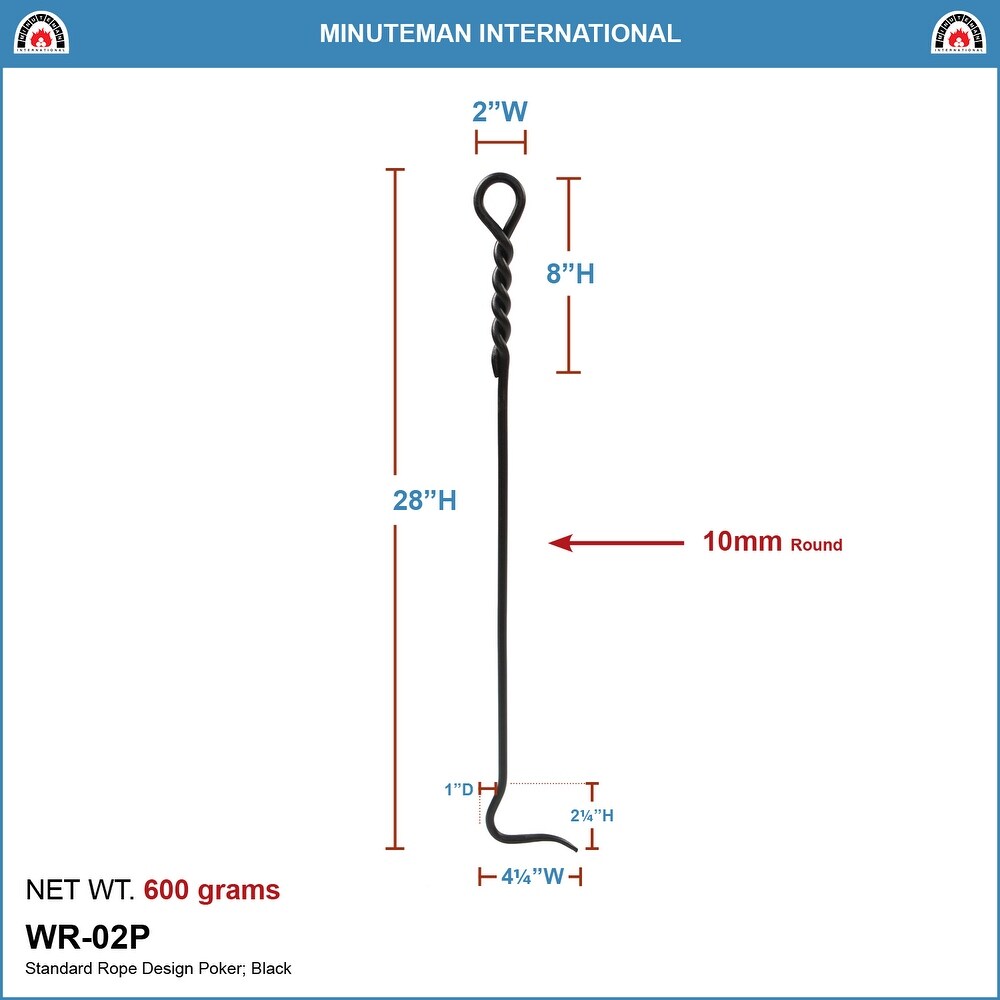 Minuteman International Rope Design Standard Fireplace Poker  28 Inch Tall  Black