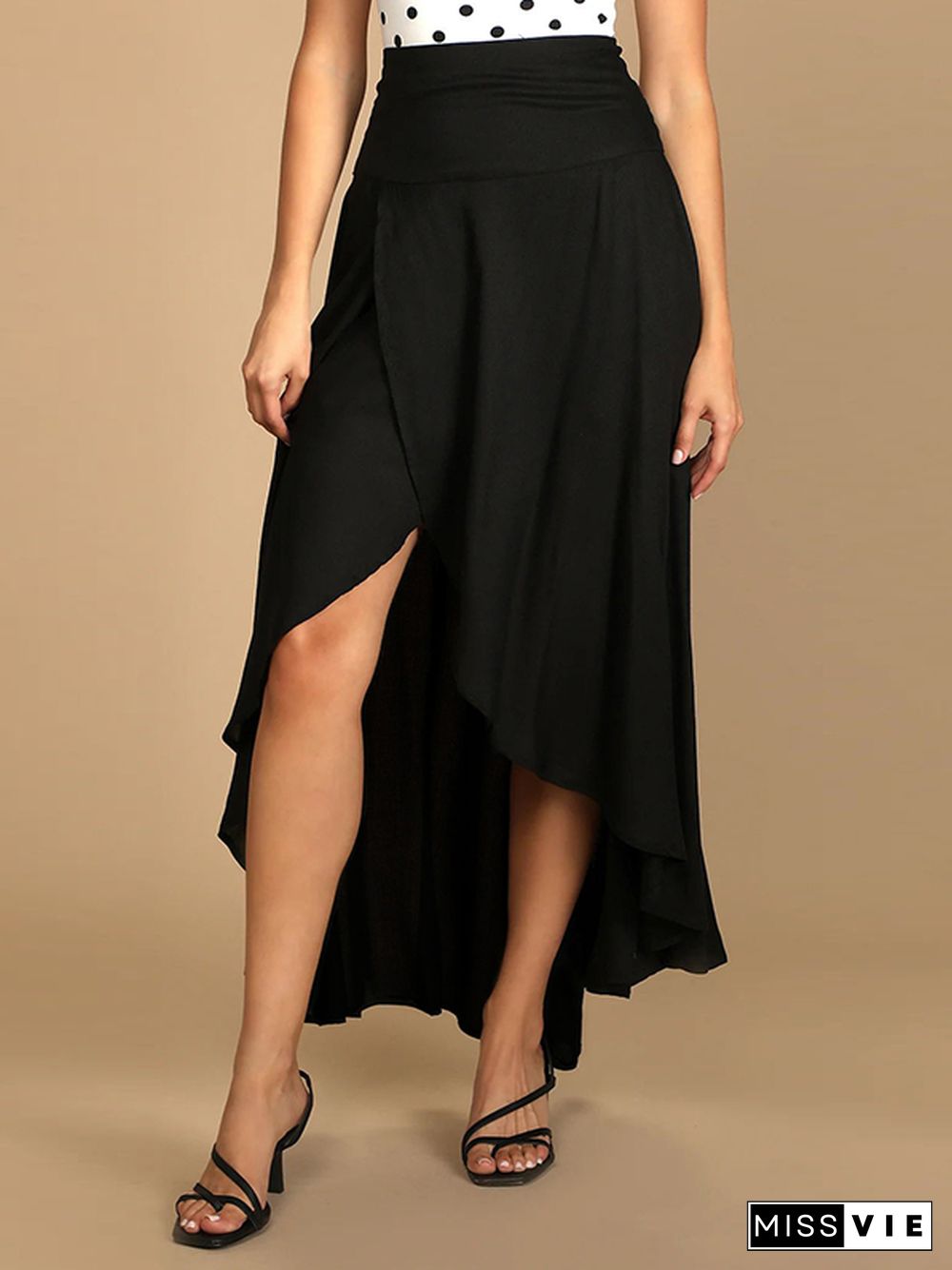 Simple  Asymmetric Split-Front Falbala Solid Color  Skirts Bottoms