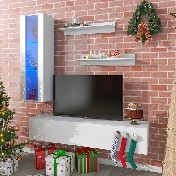 4-Piece Wall Mount Floating TV Stand with Media Cabinet RGB Lights