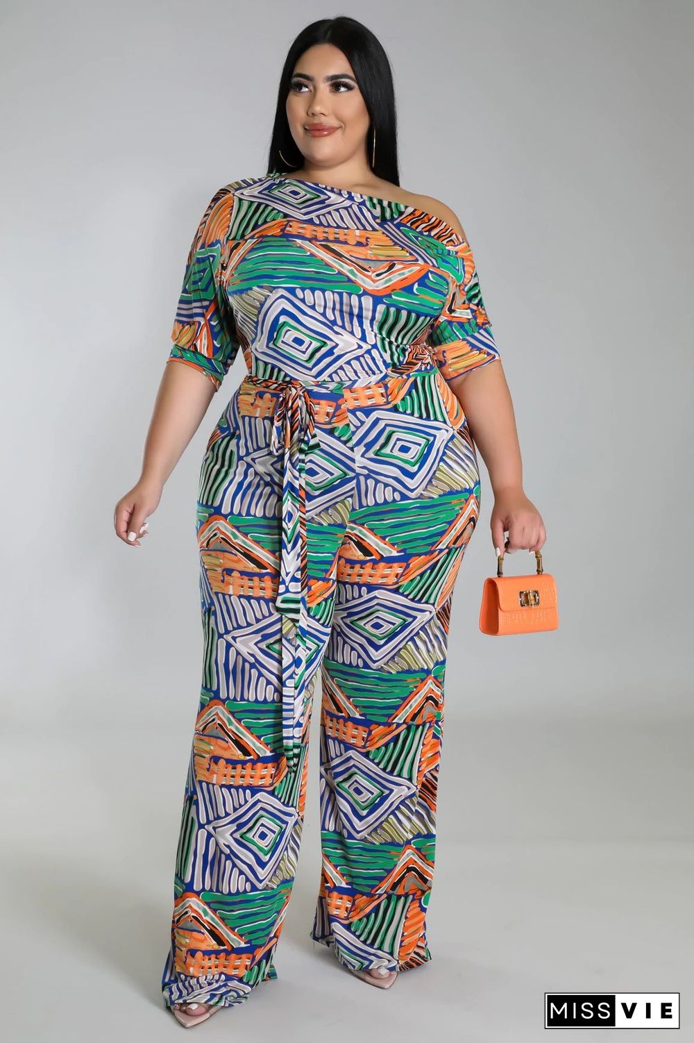 Off-the-shoulder Printed Plus Size Wide Leg Jumpsuit