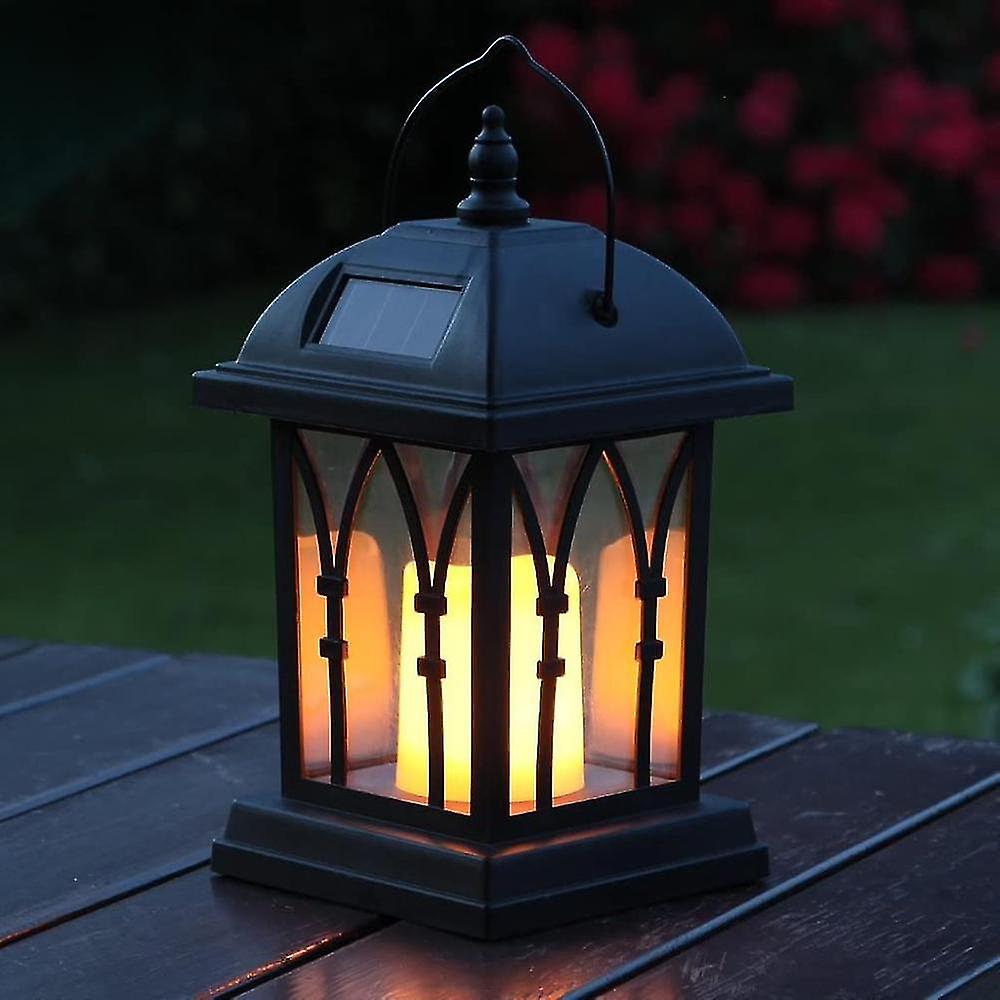 Black Solar Lantern With Led Candle And Deceptively Realistic Flickering Effect