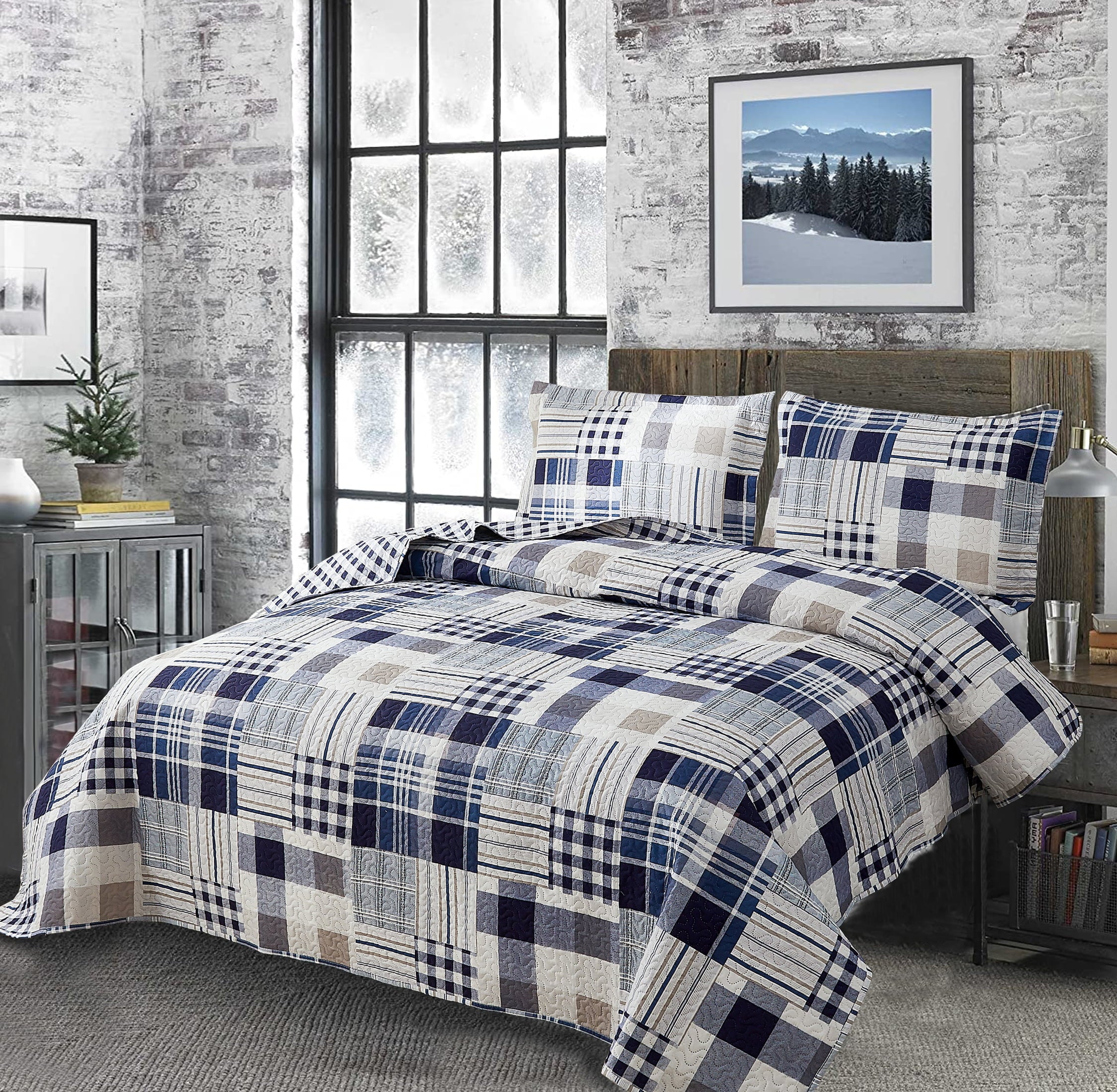 Jessy Home Queen/Full Size Plaid Bedspread Coverlet Buffalo Plaid Patchwork Quilt Navy Blue Bedding