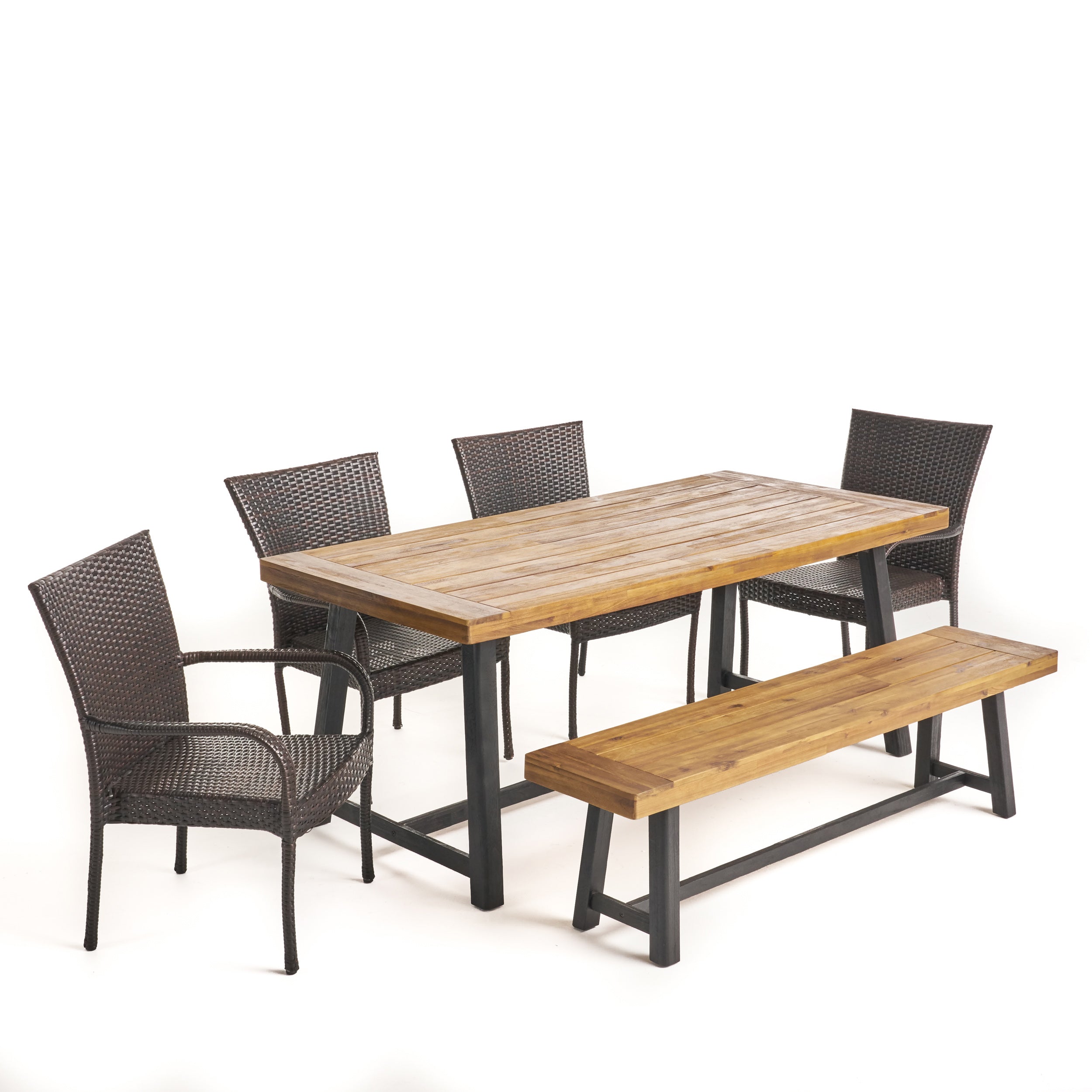 Nash Outdoor 6 Piece Dining Set with Wicker Chairs and Bench, Sandblast Teak and Multi Brown and Beige