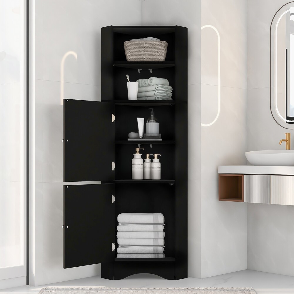 Tall Bathroom Corner Cabinet  Freestanding Floor Black Storage Organizer Bookcase with Adjustable Shelves and Doors for Office