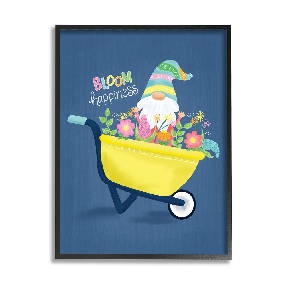 Stupell Bloom Happiness Phrase Yellow Flower Wagon Gnome Framed Wall Art   Blue