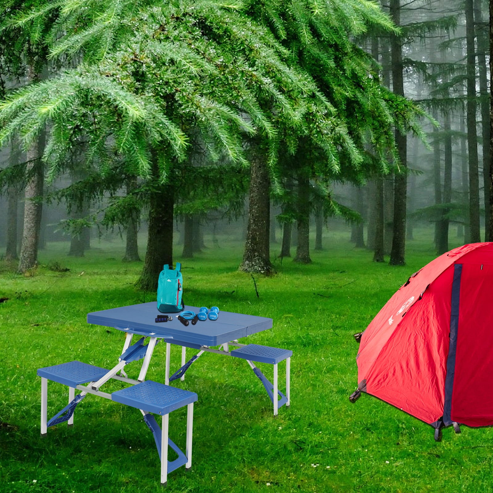 Uniexcosm Portable Foldable Camping Picnic Table with Seats Chairs and Umbrella Hole