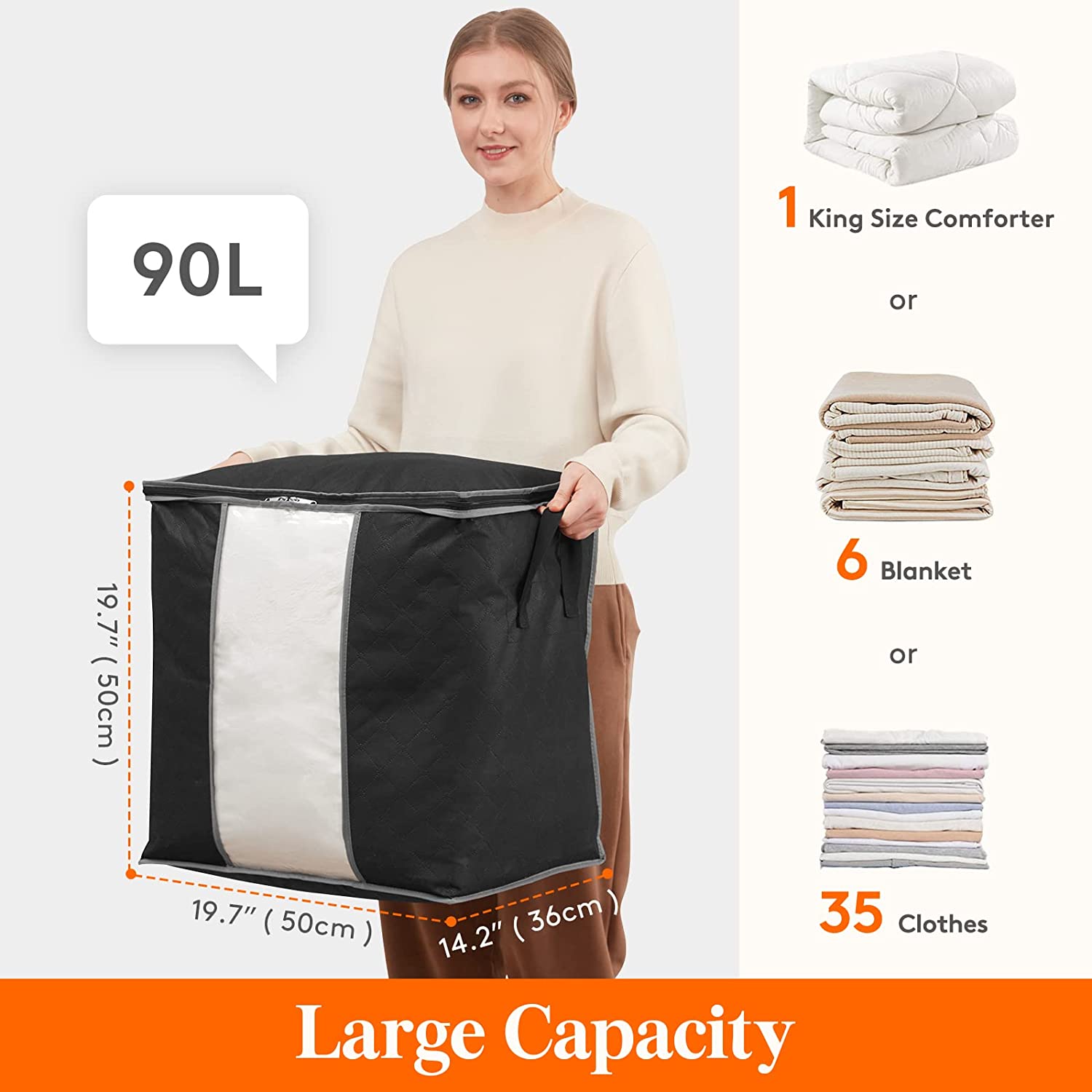 Lifewit Clothes Storage Bag 90L Large Capacity Organizer for Bedroom Storage Foldable, 3 Pack, Black