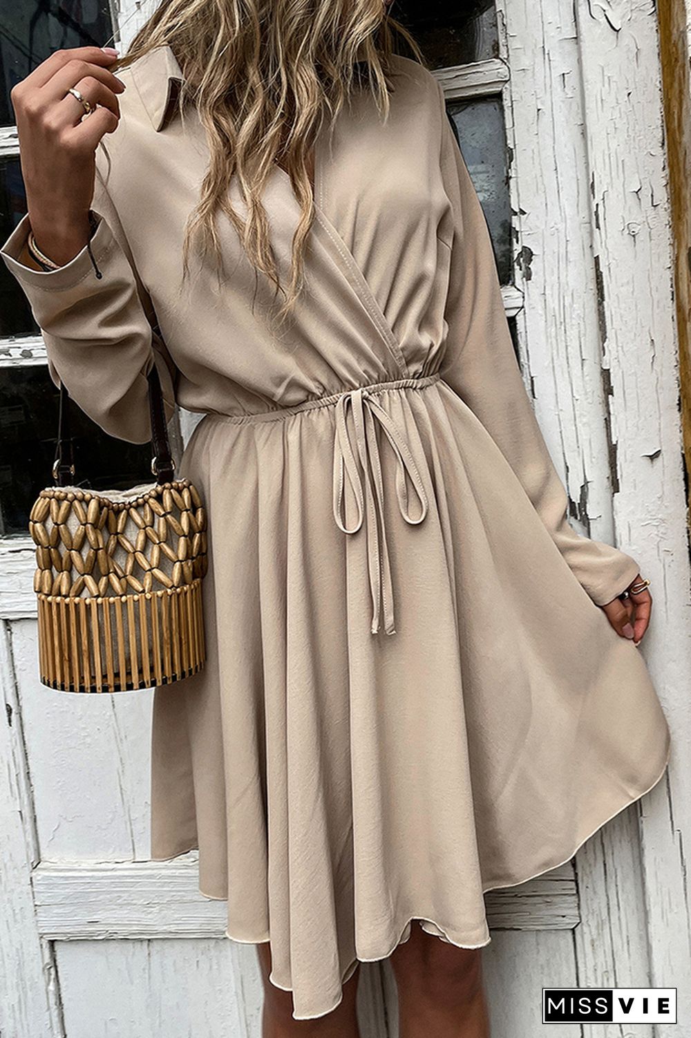 Khaki Half Sleeve V Neck Casual Dress Wholesale