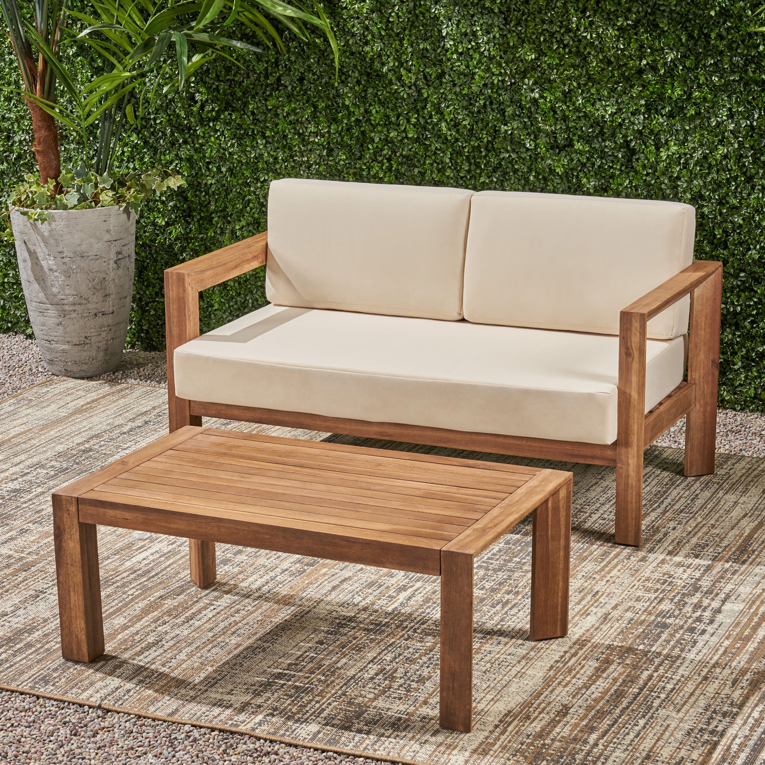 Lucia Outdoor 2 Seater Wooden Loveseat and Coffee Table Chat Set with Cushions, Beige and Brown Finish