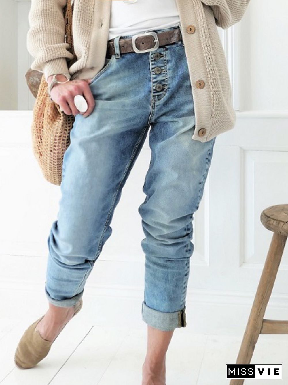 Blue Casual Cotton Pockets Jeans