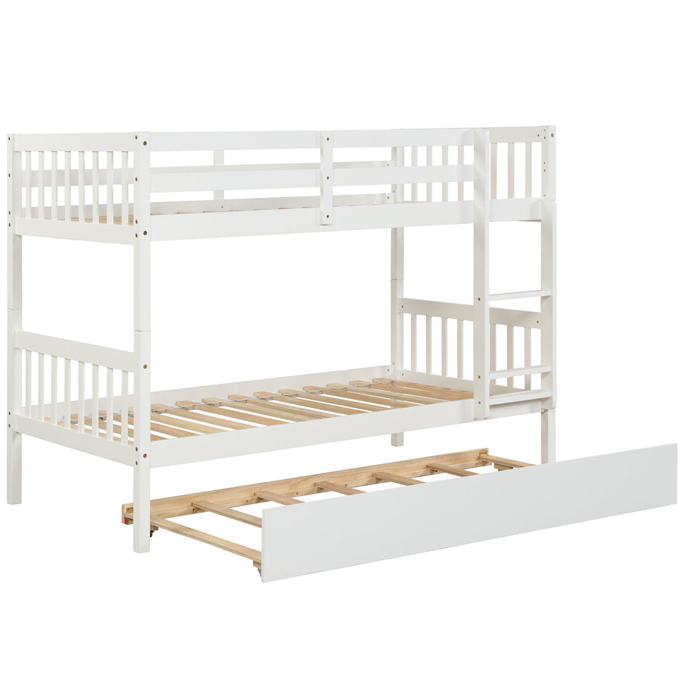 Twin Over Twin Bunk Beds with Trundle, Solid Wood Bed Frame with Safety Rail and Ladder for Kids/Teens Bedroom, Guest Room Furniture, White