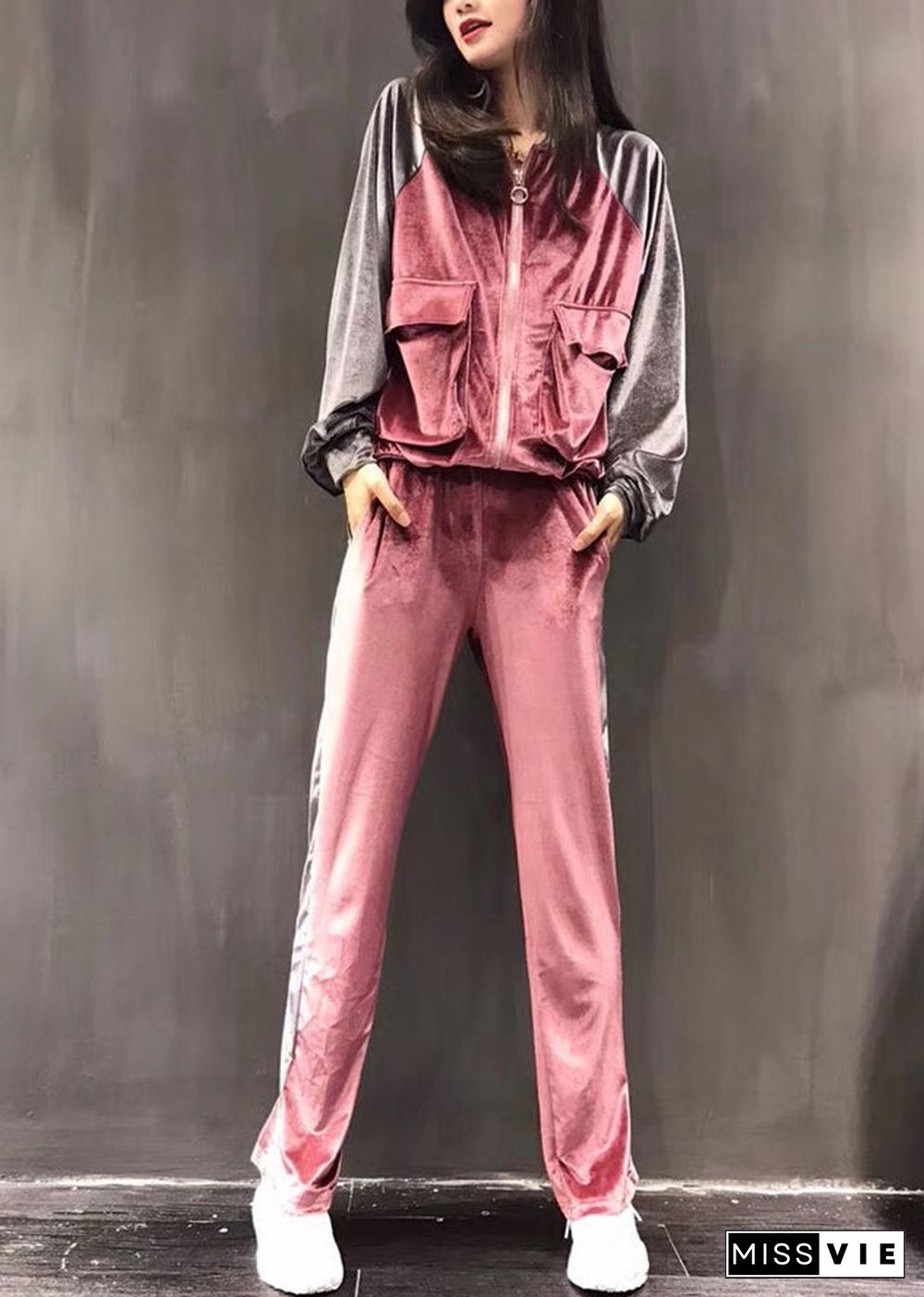 Sexy Pink Zippered Silk Velour Coats And Wide Leg Pants Two Pieces Set Long Sleeve